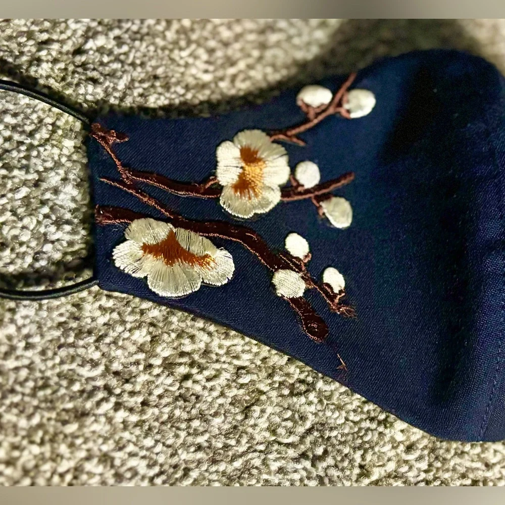 Reusable Polyester Floral Embroidered Face Covering | OS | Handmade | Navy |